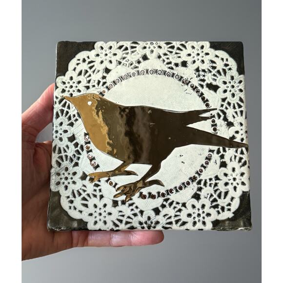 Handcrafted Clay Ceramic Tile Wall Hanging doily textured bird metallic mirror - Picture 1 of 6